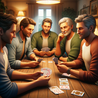 DALL&middot;E 2023-12-20 08.16.20 - A cozy scene depicting four German men engaged in a relaxed card game. They are sitting around a wooden table in a warmly lit room. Each man is focuse