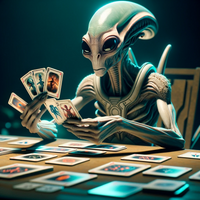 DALL&middot;E 2023-12-24 16.04.42 - A silicon-based intelligent alien life form playing the card game Doppelkopf. The creature sits at a table adapted to its unique physiology, holding c