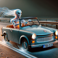 DALL&middot;E 2023-12-24 16.09.00 - A silicon-based intelligent alien life form driving a Trabant car. The alien is adapted to fit the car&#039;s interior, with its crystalline, silicon struc