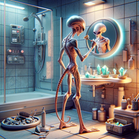 DALL&middot;E 2023-12-24 16.13.17 - A silicon-based intelligent alien life form in a bathroom, engaging in morning hygiene routines. The alien is depicted using specialized tools or subs