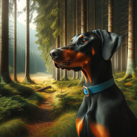 DALL&middot;E 2023-12-30 17.49.47 - A black and tan Doberman dog with an alert expression, wearing a blue collar, standing at the edge of a forest. The scene depicts the transition from 