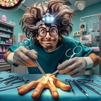 DALL&middot;E 2023-12-31 11.50.58 - A humorous and exaggerated image of a surgeon with wild, unkempt hair and oversized glasses, performing a hand surgery at an operating table. The surg